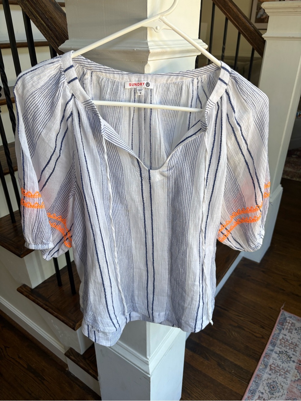 Sundry Navy Stripe Peasant Top with Orange Sleeve Embroidery